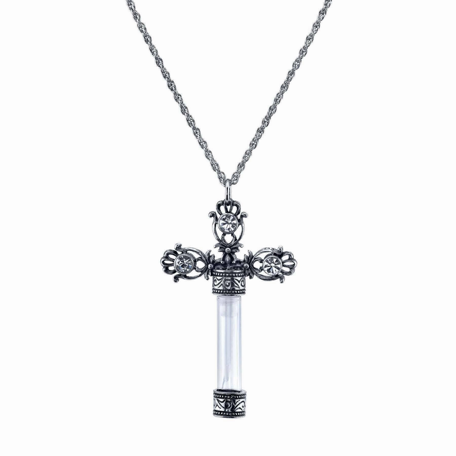 1928 Jewelry Antiqued Ornate Cross Clear Crystal Glass Vial Necklace 30"