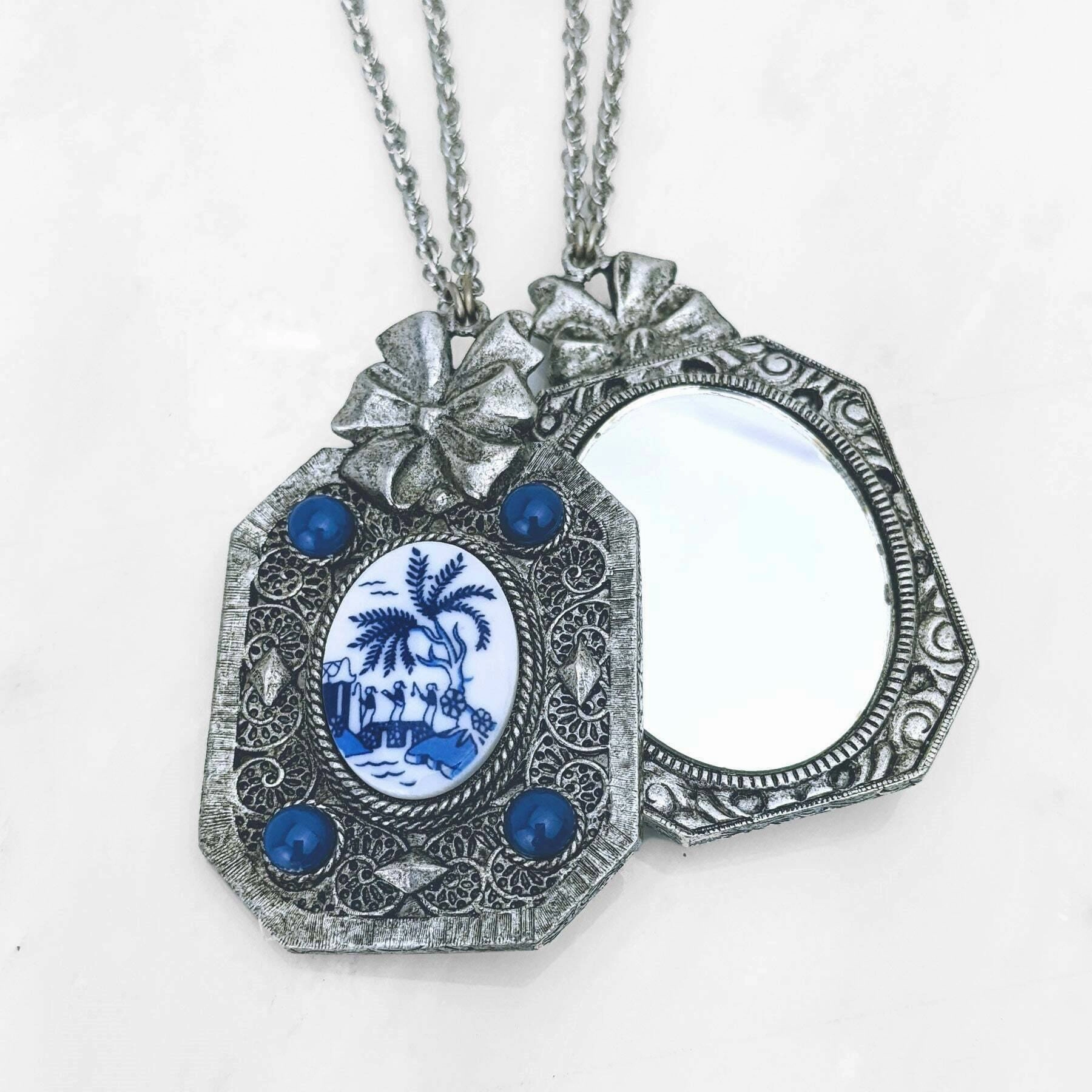 1928 Jewelry Blue Willow Octagon Pendant Mirror Necklace 30"