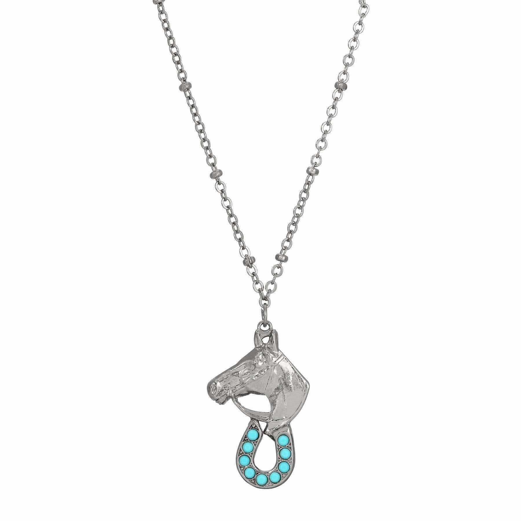 1928 Jewelry Equestrian Elegance Turquoise Crystal Pendant Necklace 16"   3" Extension