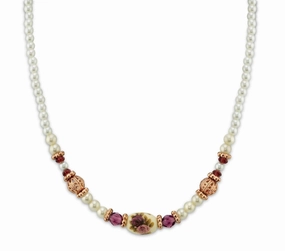 1928 Jewelry Manor House 4mm Faux Pearl Strand Amethyst Crystal Filigree Puff Ball Necklace 15"   3" Extender