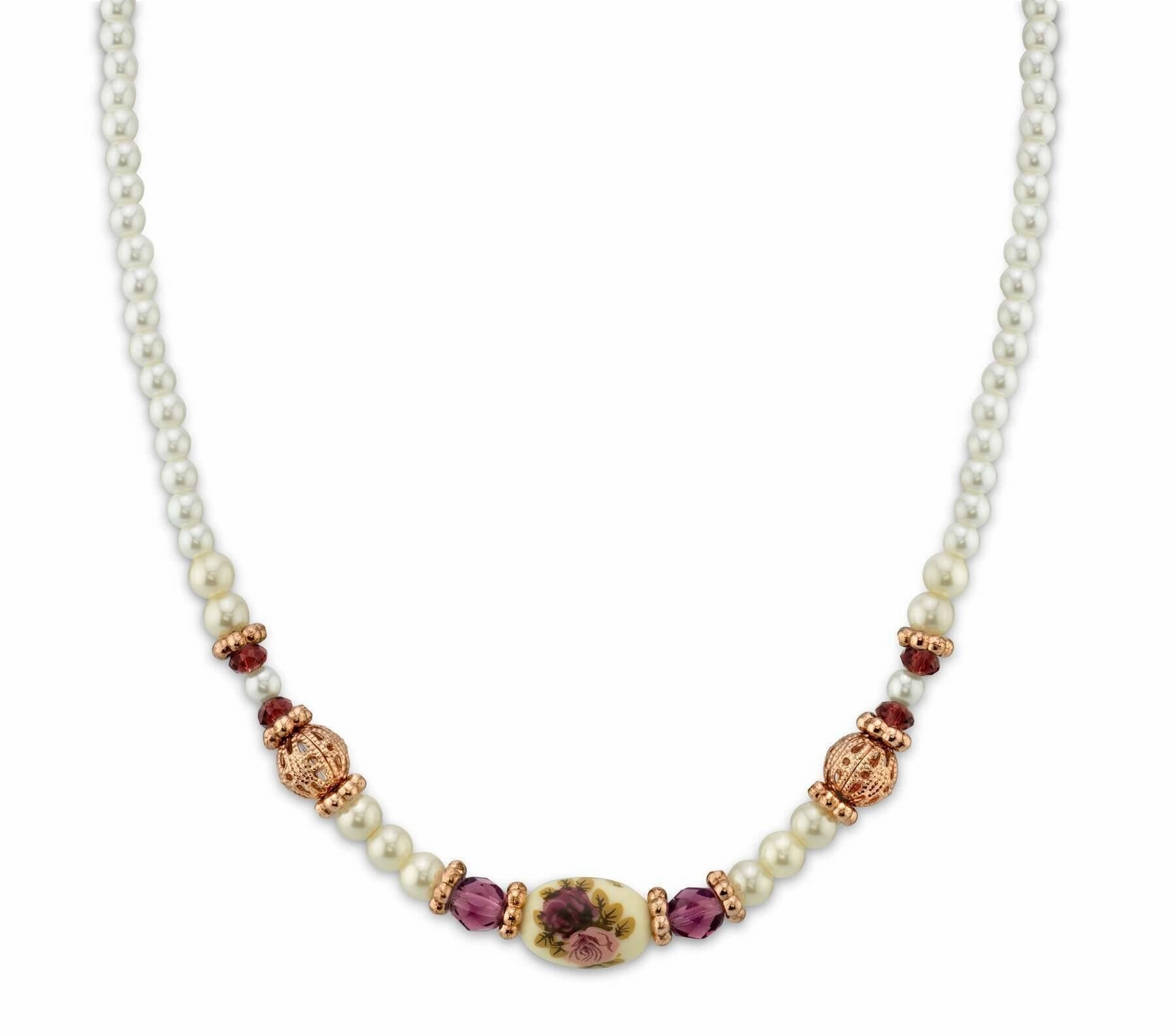 1928 Jewelry Manor House 4mm Faux Pearl Strand Amethyst Crystal Filigree Puff Ball Necklace 15"   3" Extender