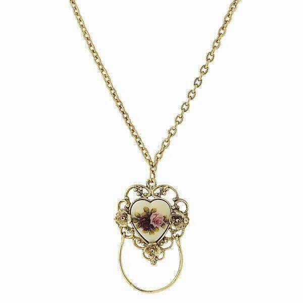 1928 Jewelry Manor House Ivory Floral Heart Decal, Badge And Eyeglass Holder Chain Necklace 30"