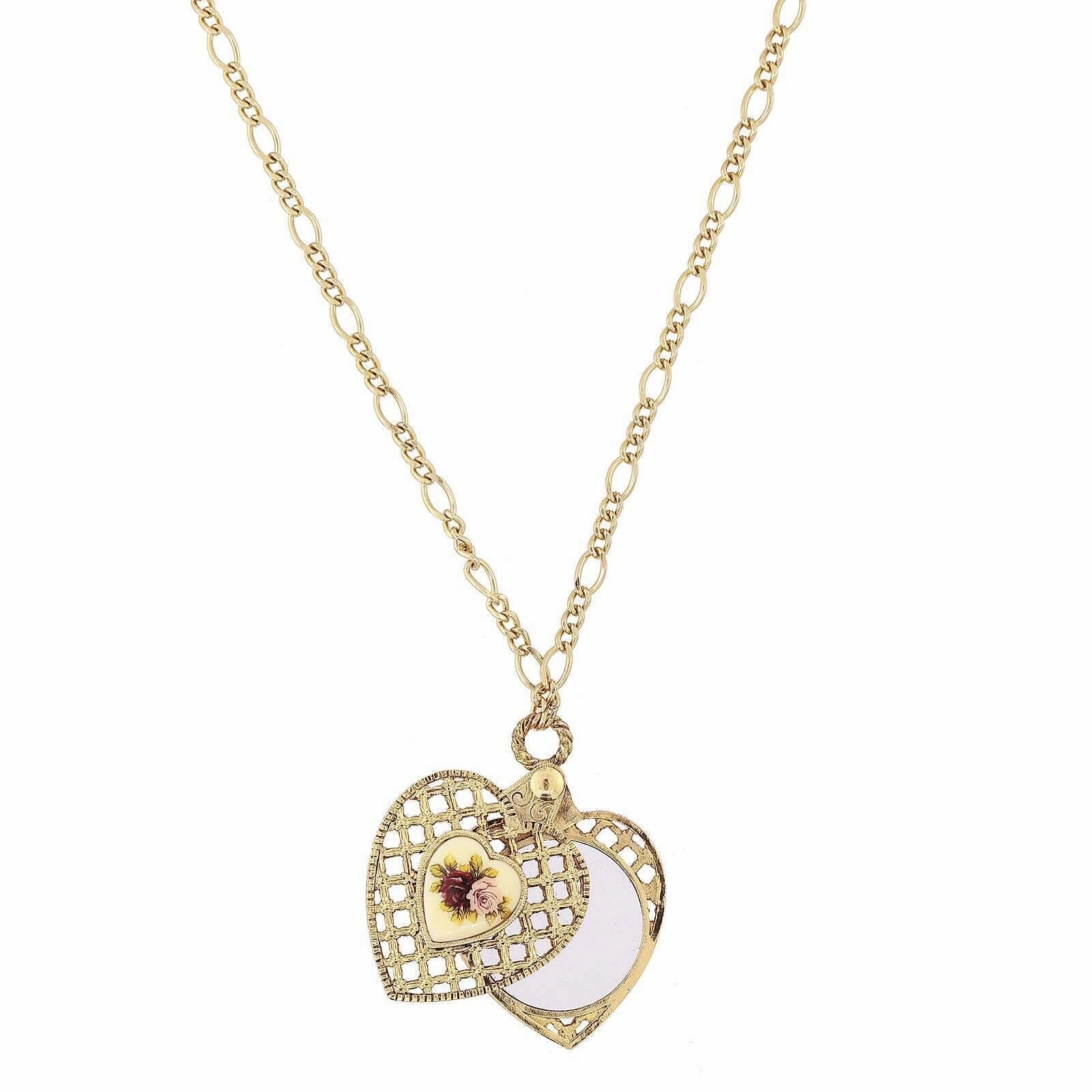 1928 Jewelry Manor House Pink & Purple Rose Heart Mirror Pendant Necklace 30"