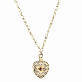 1928 Jewelry Manor House Pink & Purple Rose Heart Mirror Pendant Necklace 30"
