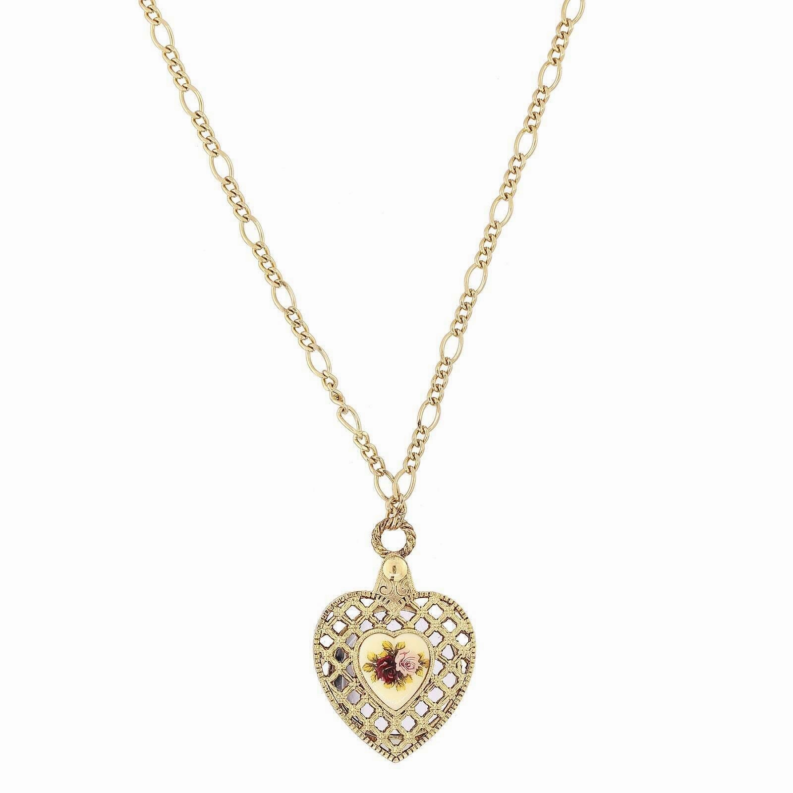 1928 Jewelry Manor House Pink & Purple Rose Heart Mirror Pendant Necklace 30"