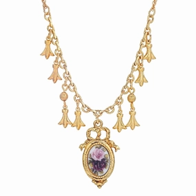 1928 Jewelry Manor House Pink And Purple Rose Pendant Charms Necklace 16"   3" Extender
