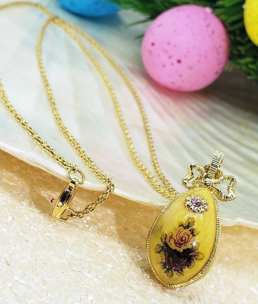 1928 Jewelry Manor House Rose Faberge Style Egg Pendant Necklace 36"