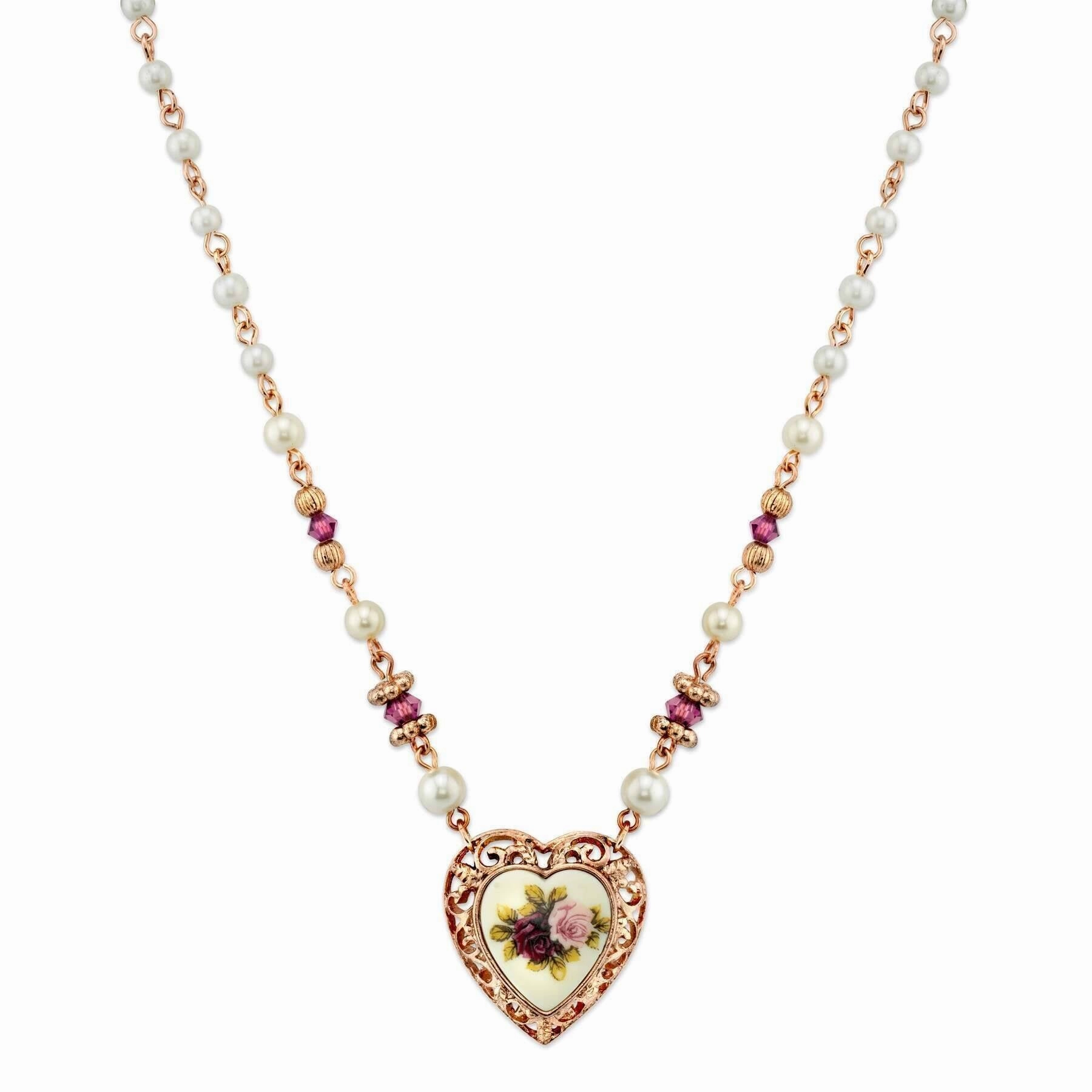 1928 Jewelry Manor House Rose Faux Pearl Purple Flower Heart Pendant Necklace 15"   3" Extender