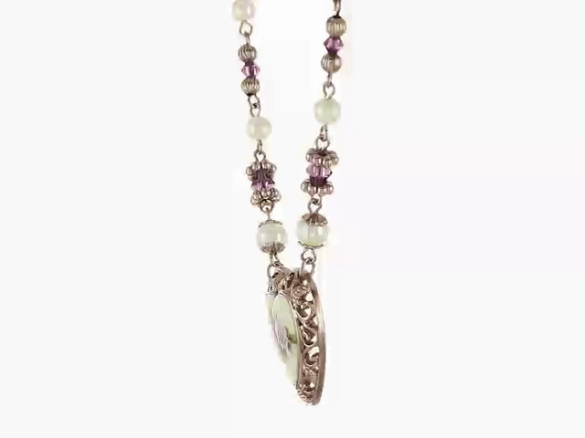 1928 Jewelry Manor House Rose Faux Pearl Purple Flower Heart Pendant Necklace 15"   3" Extender