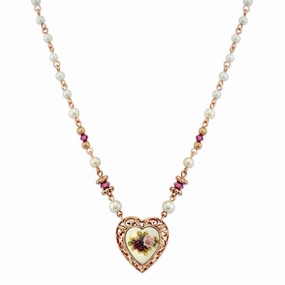 1928 Jewelry Manor House Rose Faux Pearl Purple Flower Heart Pendant Necklace 15"   3" Extender