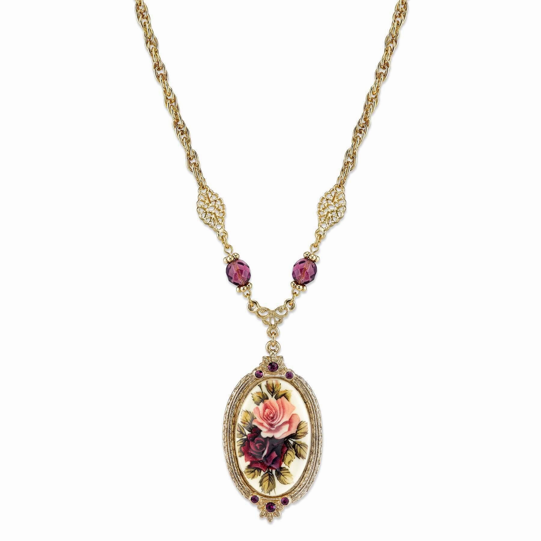 1928 Jewelry Manor House Rose Pendant Amethyst Crystal Pendant Necklace 16"   3" Extender