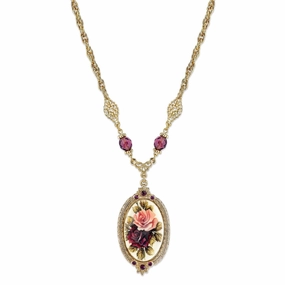 1928 Jewelry Manor House Rose Pendant Amethyst Crystal Pendant Necklace 16"   3" Extender