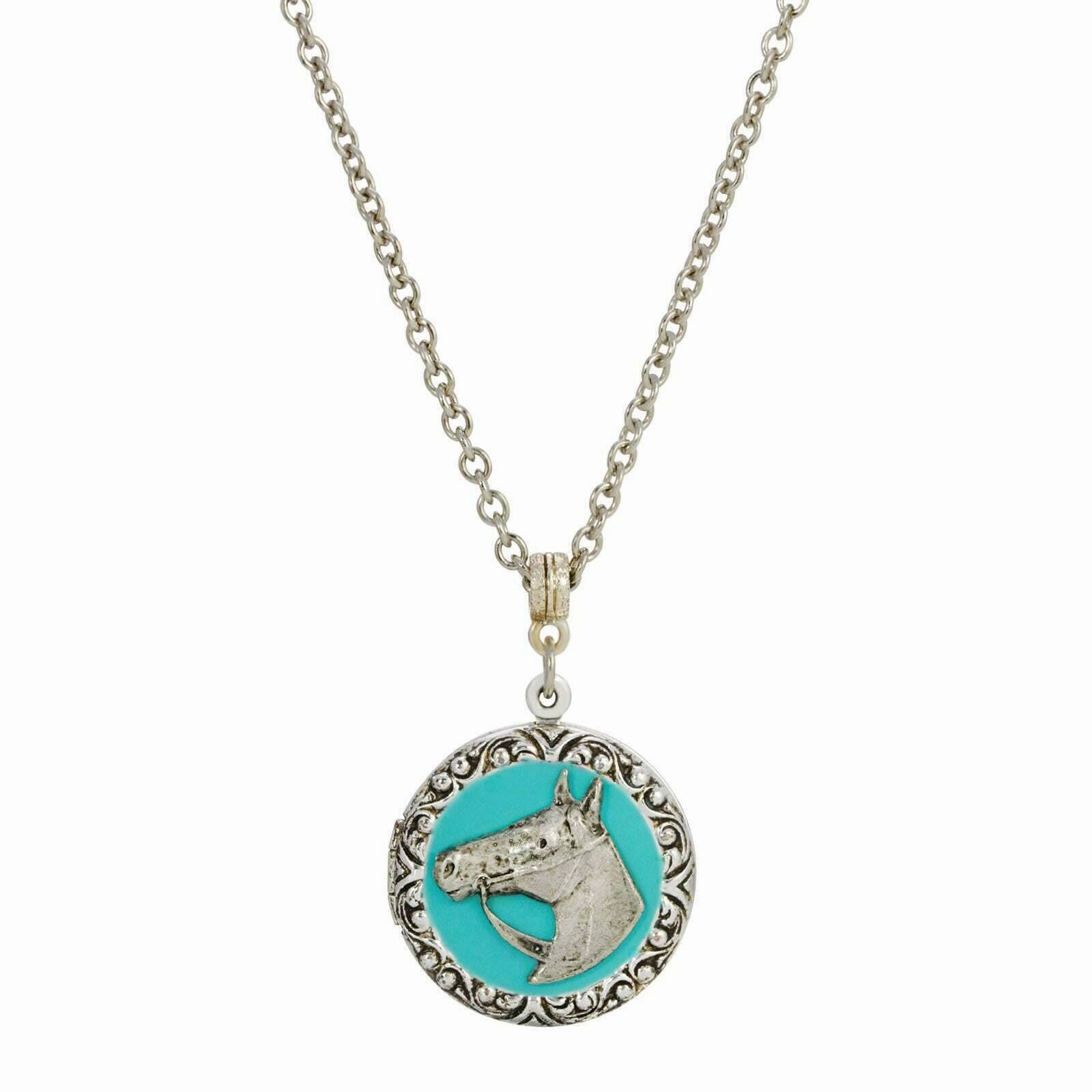 1928 Jewelry Southwest Turquoise Enamel Horse Head Round Locket Necklace 24"