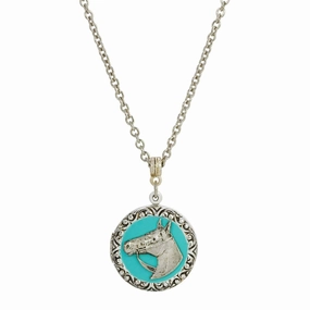 1928 Jewelry Southwest Turquoise Enamel Horse Head Round Locket Necklace 24"