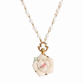 1928 Jewelry White Garden Porcelain Rose Faux Pearl Necklace 16"   3" Extender