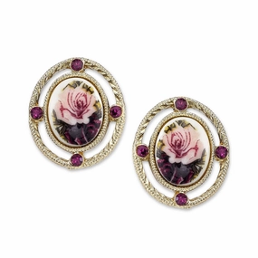 2028 Jewelry Purple And Pink Decal Floral Manor House Oval Button Earrings