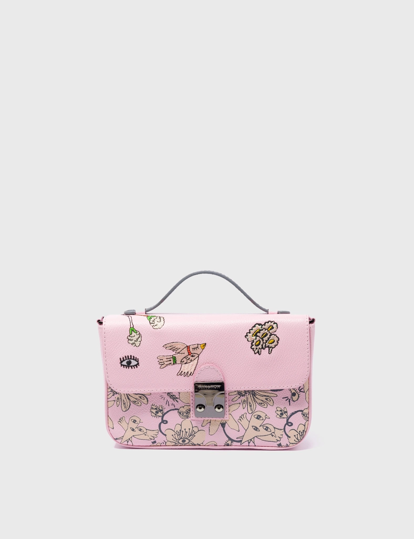 Amantis Parfait Pink Leather Crossbody Mini Handbag - Flowers Design