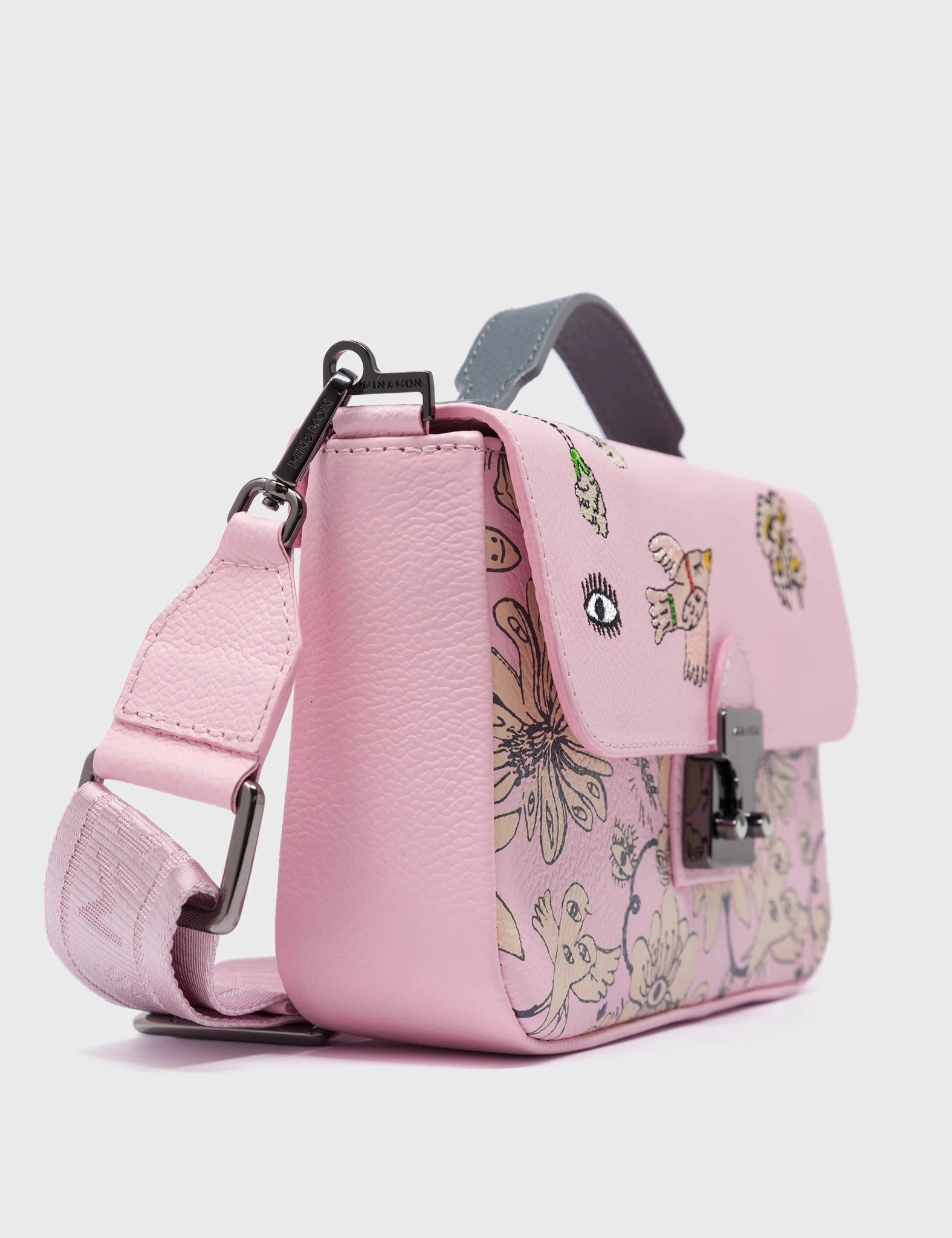 Amantis Parfait Pink Leather Crossbody Mini Handbag - Flowers Design