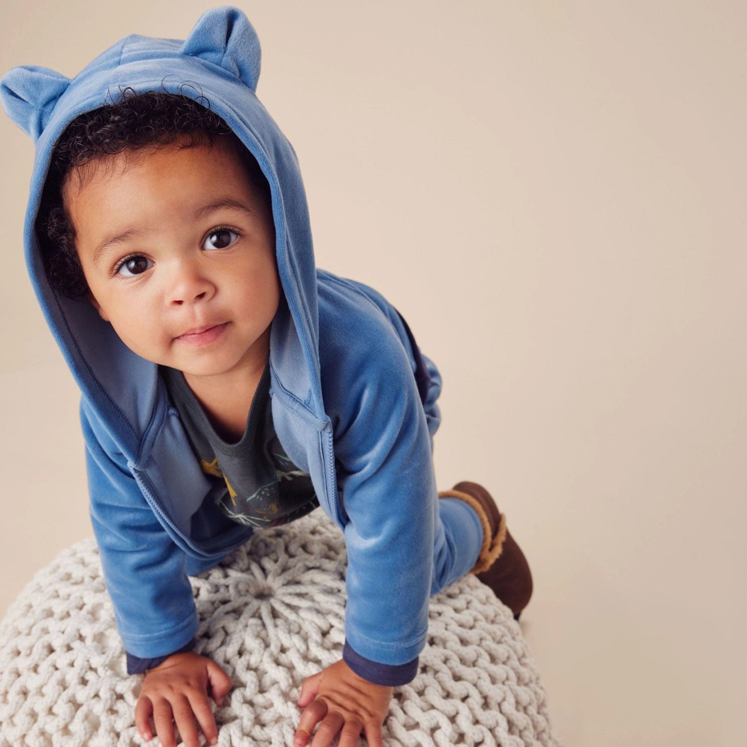 Bear Ears Velour Baby Hoodie - Coronet Blue - FINAL SALE