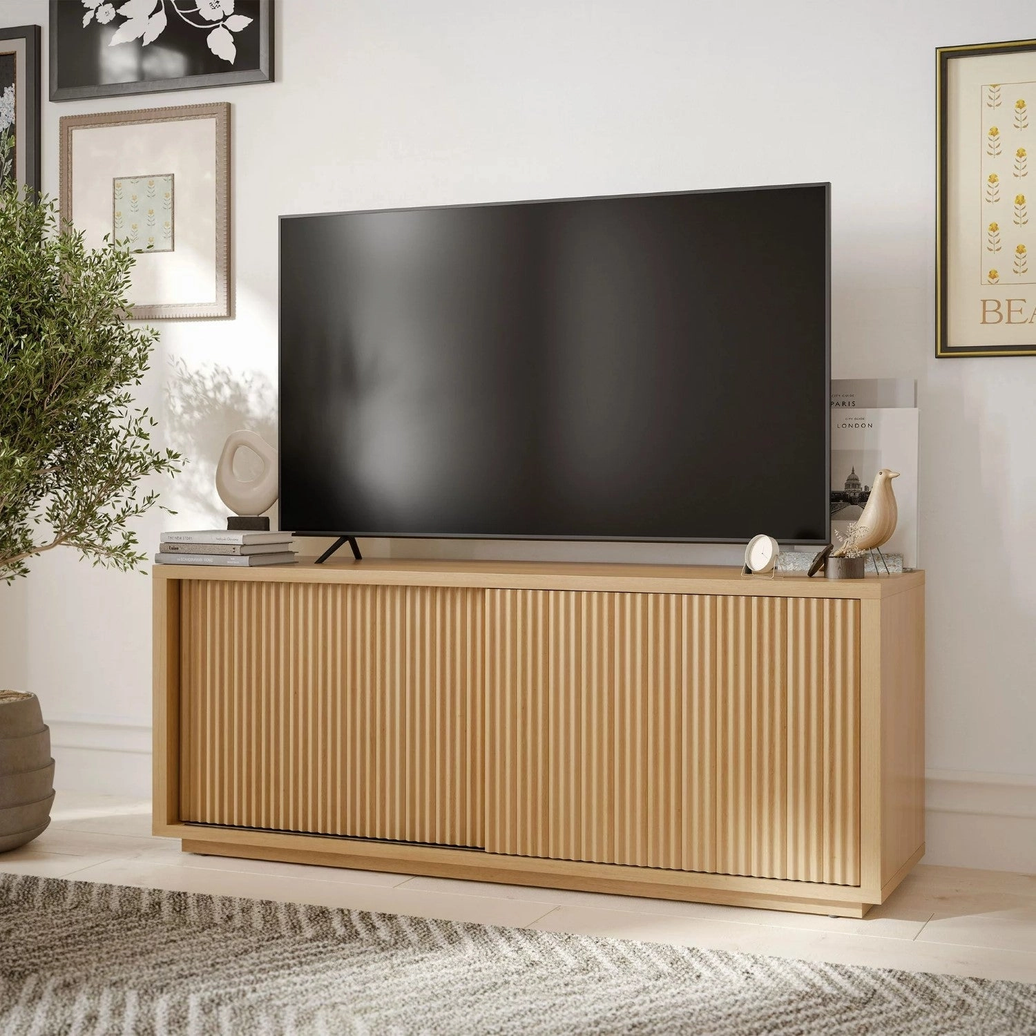 Beautiful Fluted TV Stand for TV's up to 70" by Drew Barrymore, Warm Honey Finish - Material: Wood