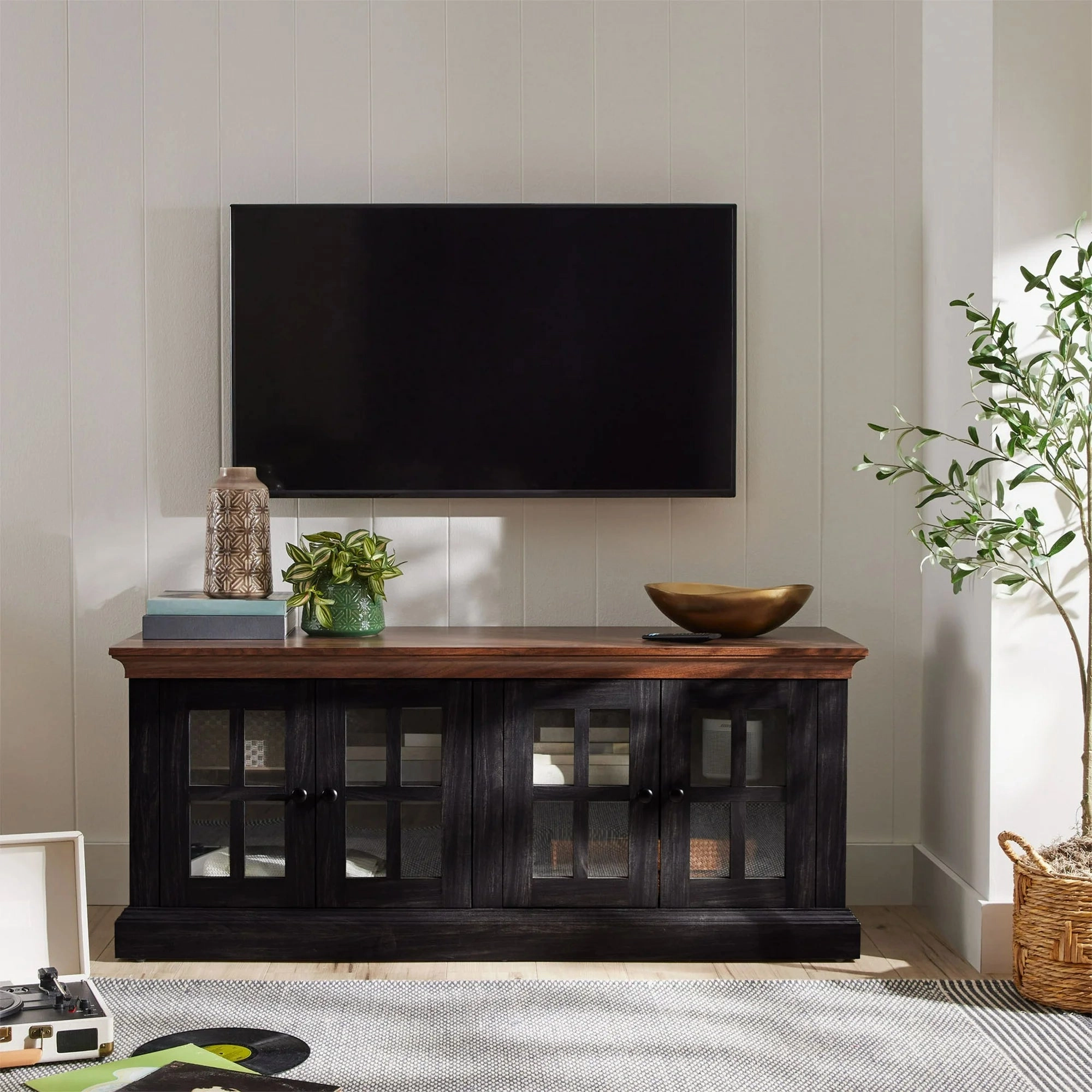 Better Homes & Gardens BHF336158813001 Canton 4- door TV Stand for TV's up to 70", Black/Light Honey Finish