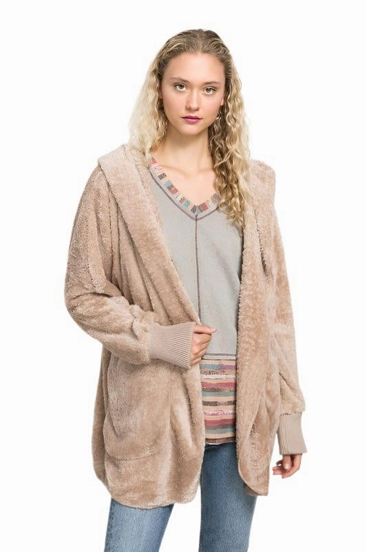Hem & Thread Fuzzy knit open front, hooded cardigan with pockets L2394
