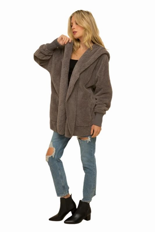 Hem & Thread Fuzzy knit open front, hooded cardigan with pockets L2394
