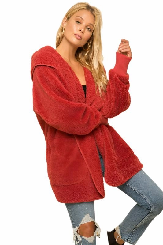 Hem & Thread Fuzzy knit open front, hooded cardigan with pockets L2394