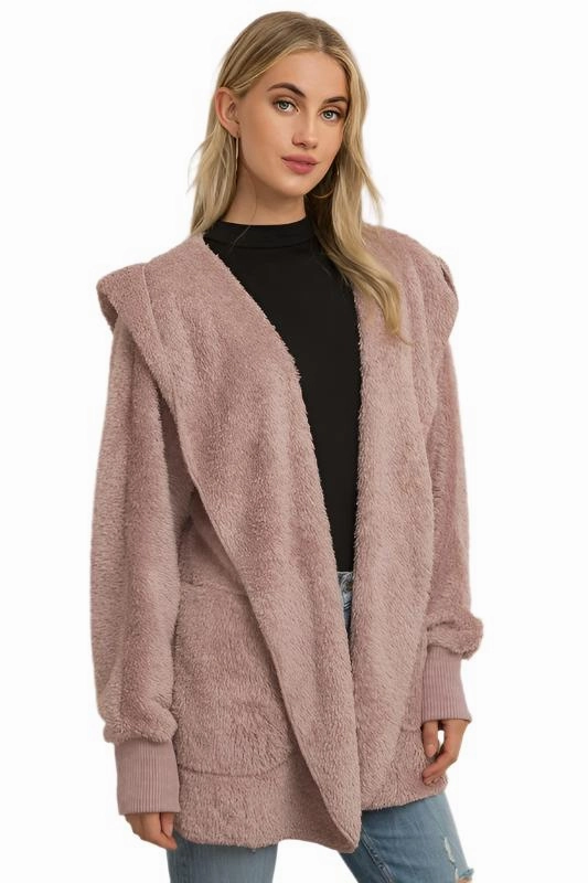 Hem & Thread Fuzzy knit open front, hooded cardigan with pockets L2394
