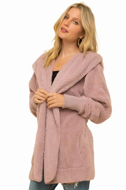 Hem & Thread Fuzzy knit open front, hooded cardigan with pockets L2394