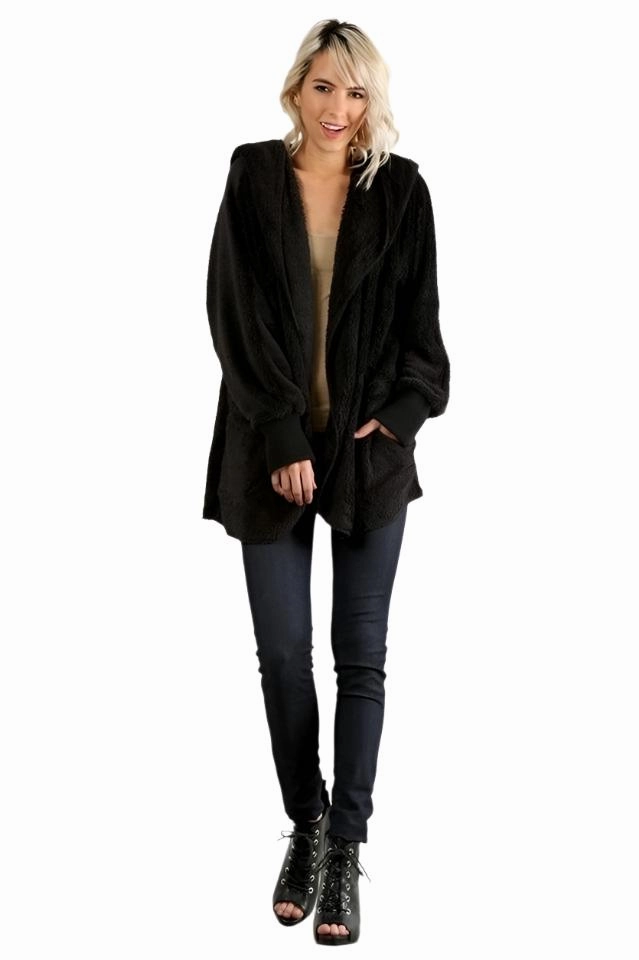 Hem & Thread Fuzzy knit open front, hooded cardigan with pockets L2394