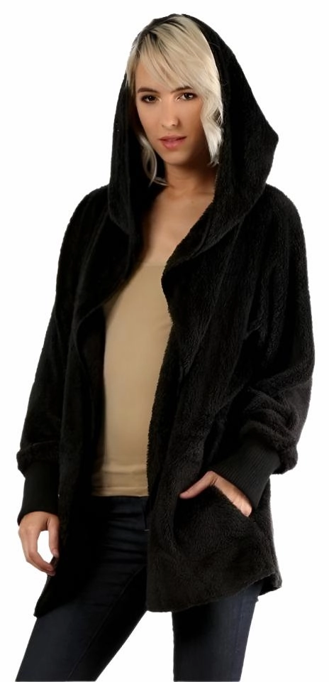 Hem & Thread Fuzzy knit open front, hooded cardigan with pockets L2394