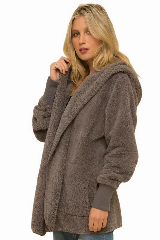 Hem & Thread Fuzzy knit open front, hooded cardigan with pockets L2394