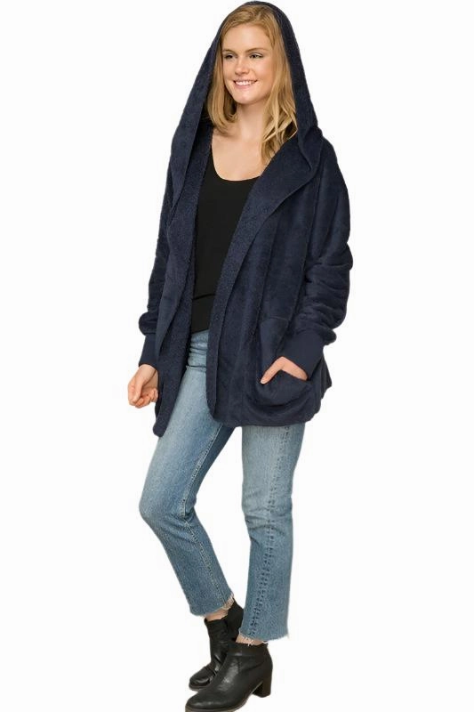 Hem & Thread Fuzzy knit open front, hooded cardigan with pockets L2394