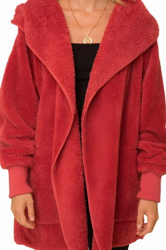Hem & Thread Fuzzy knit open front, hooded cardigan with pockets L2394