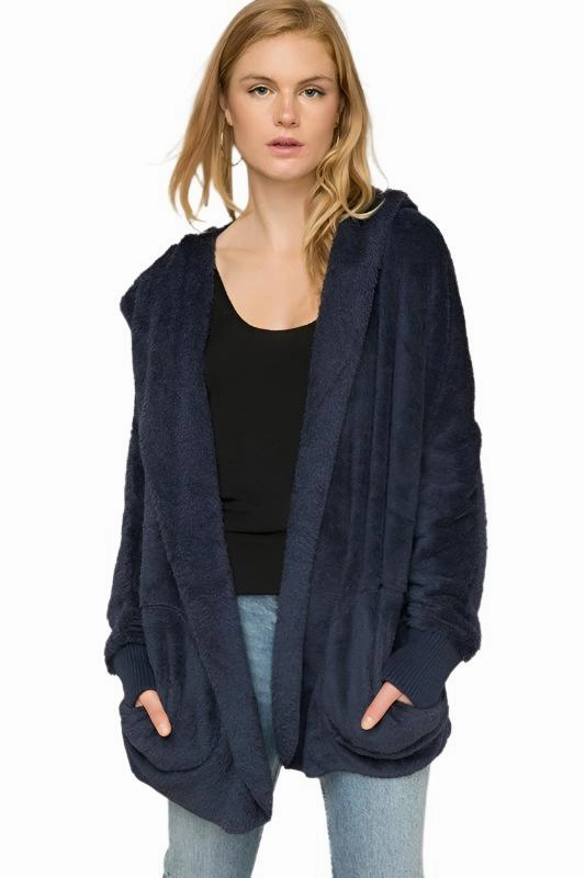 Hem & Thread Fuzzy knit open front, hooded cardigan with pockets L2394