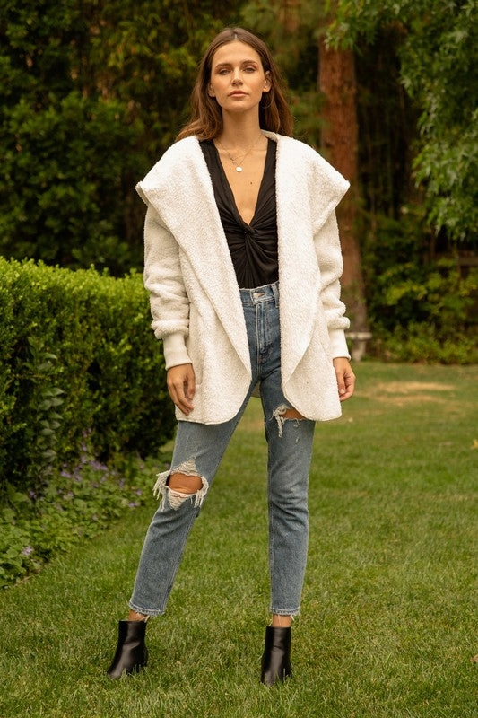 Hem & Thread Fuzzy knit open front, hooded cardigan with pockets L2394