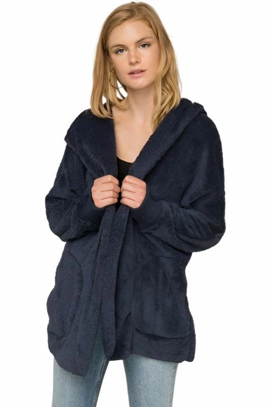 Hem & Thread Fuzzy knit open front, hooded cardigan with pockets L2394