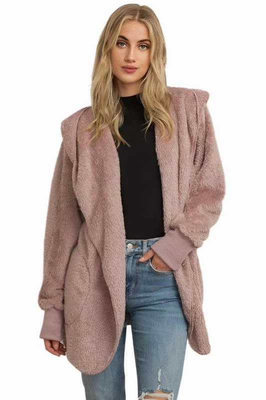 Hem & Thread Fuzzy knit open front, hooded cardigan with pockets L2394