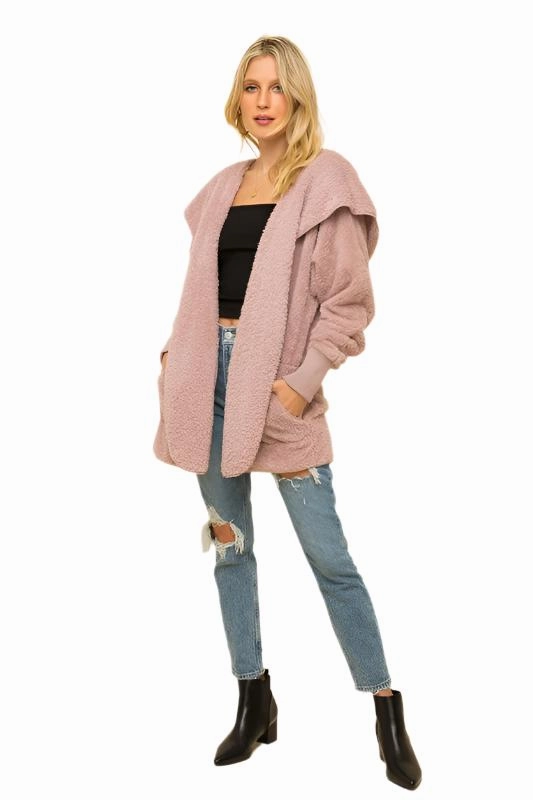 Hem & Thread Fuzzy knit open front, hooded cardigan with pockets L2394
