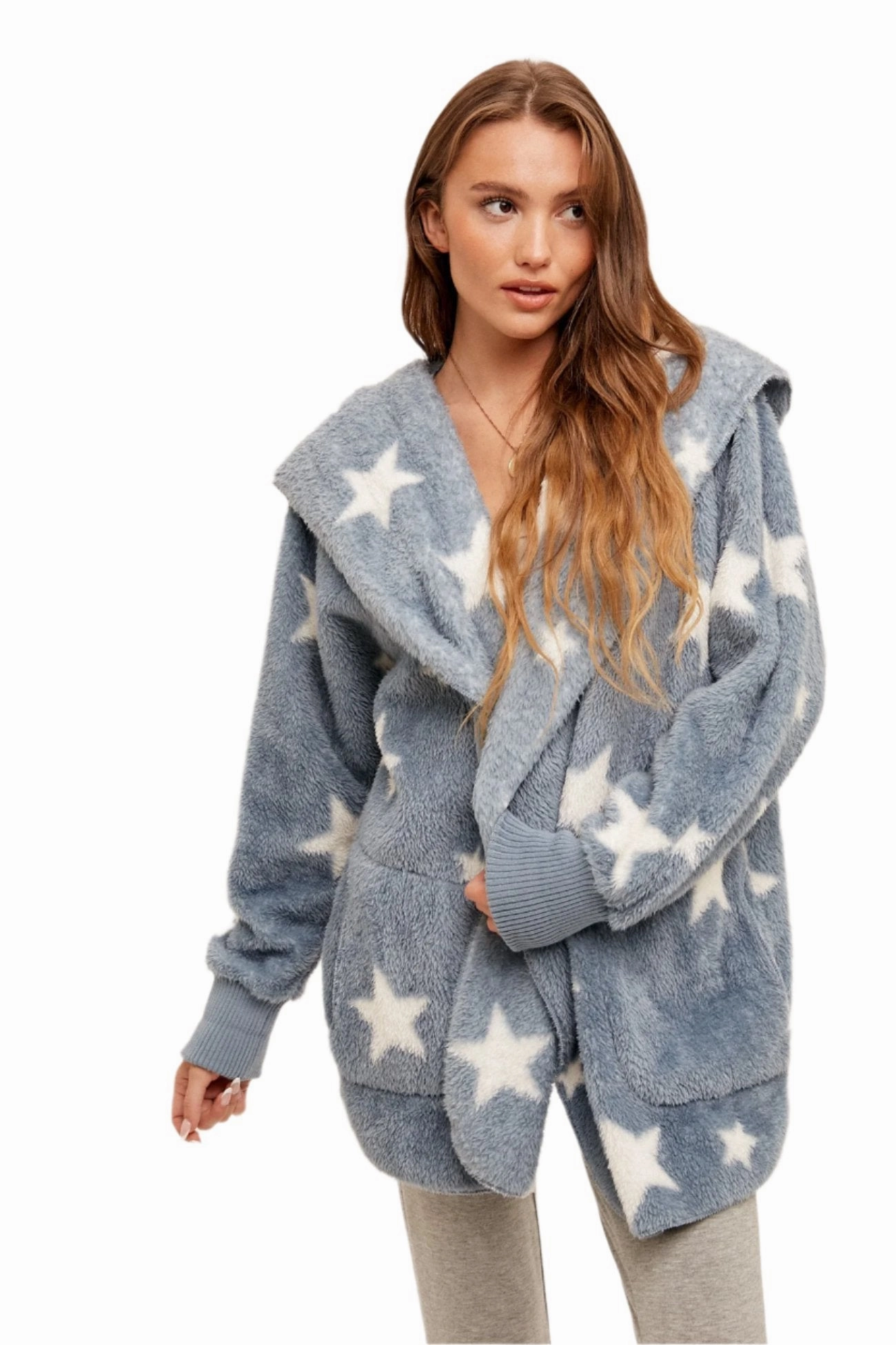 Hem & Thread Star Print Fuzzy Hooded Jacket 8431W