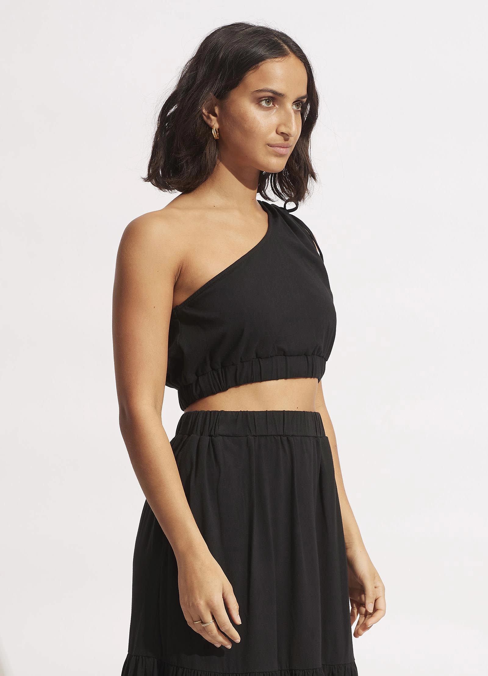 Jersey One Shoulder Crop Top - Black