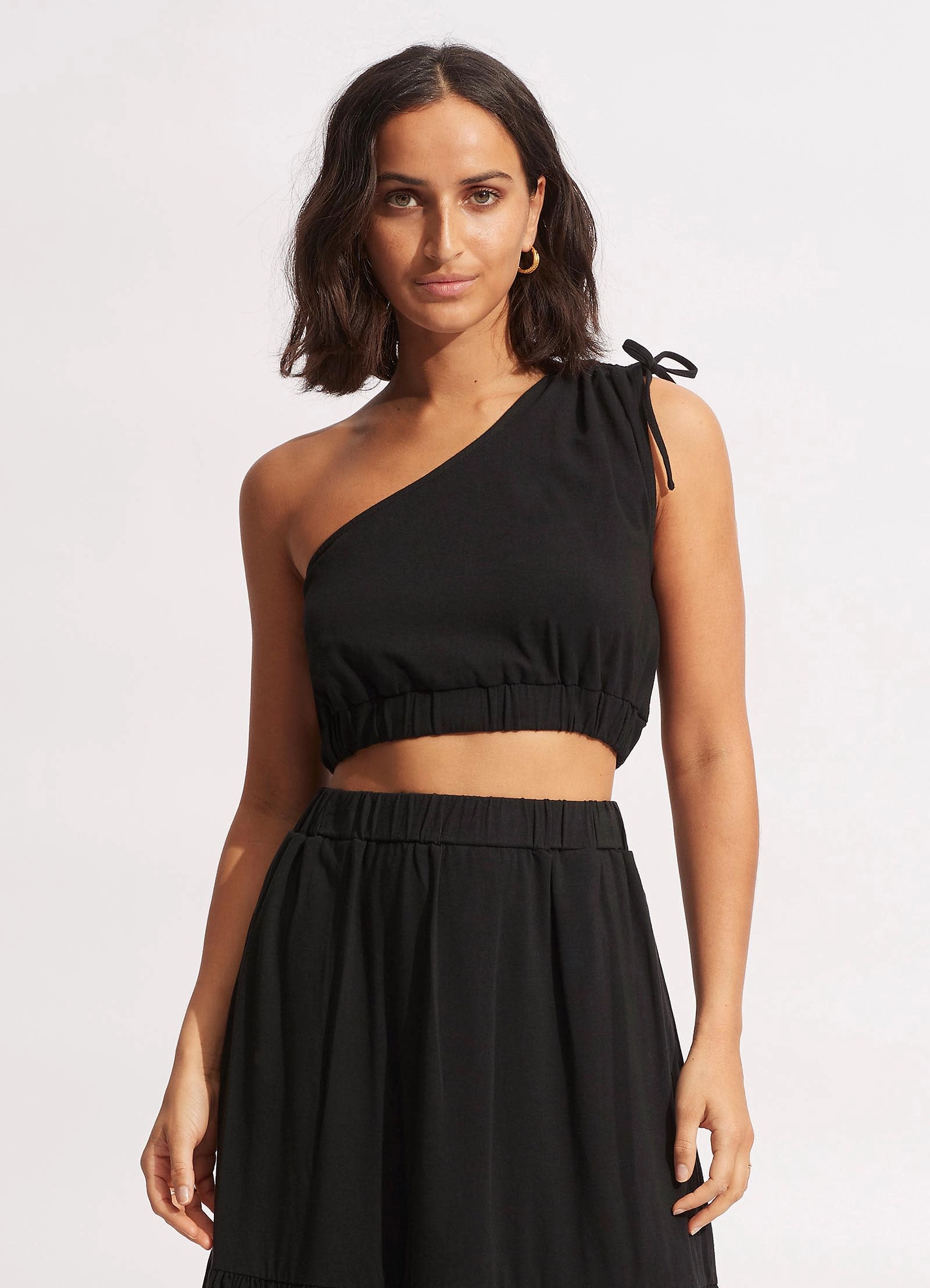 Jersey One Shoulder Crop Top - Black