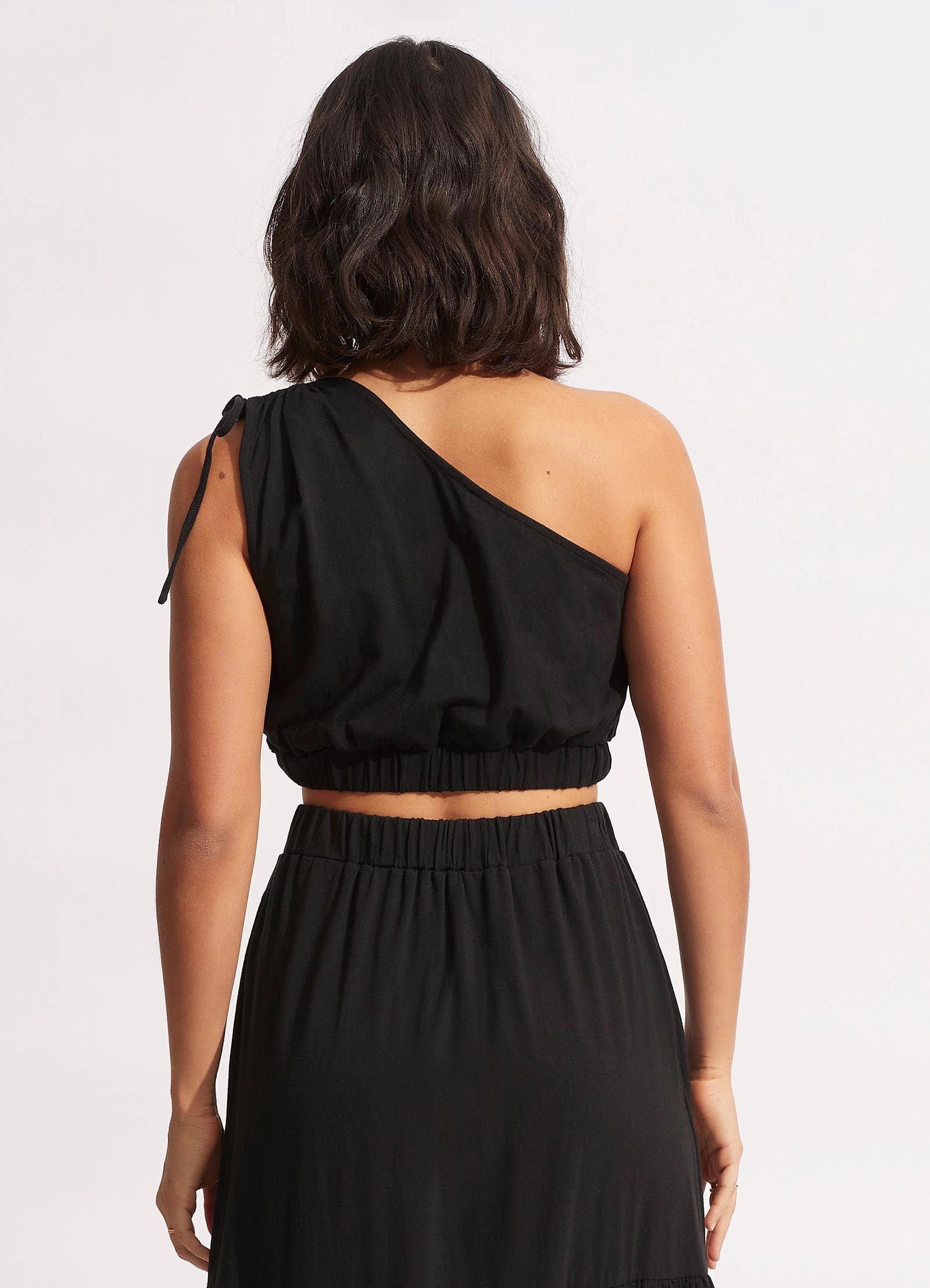 Jersey One Shoulder Crop Top - Black
