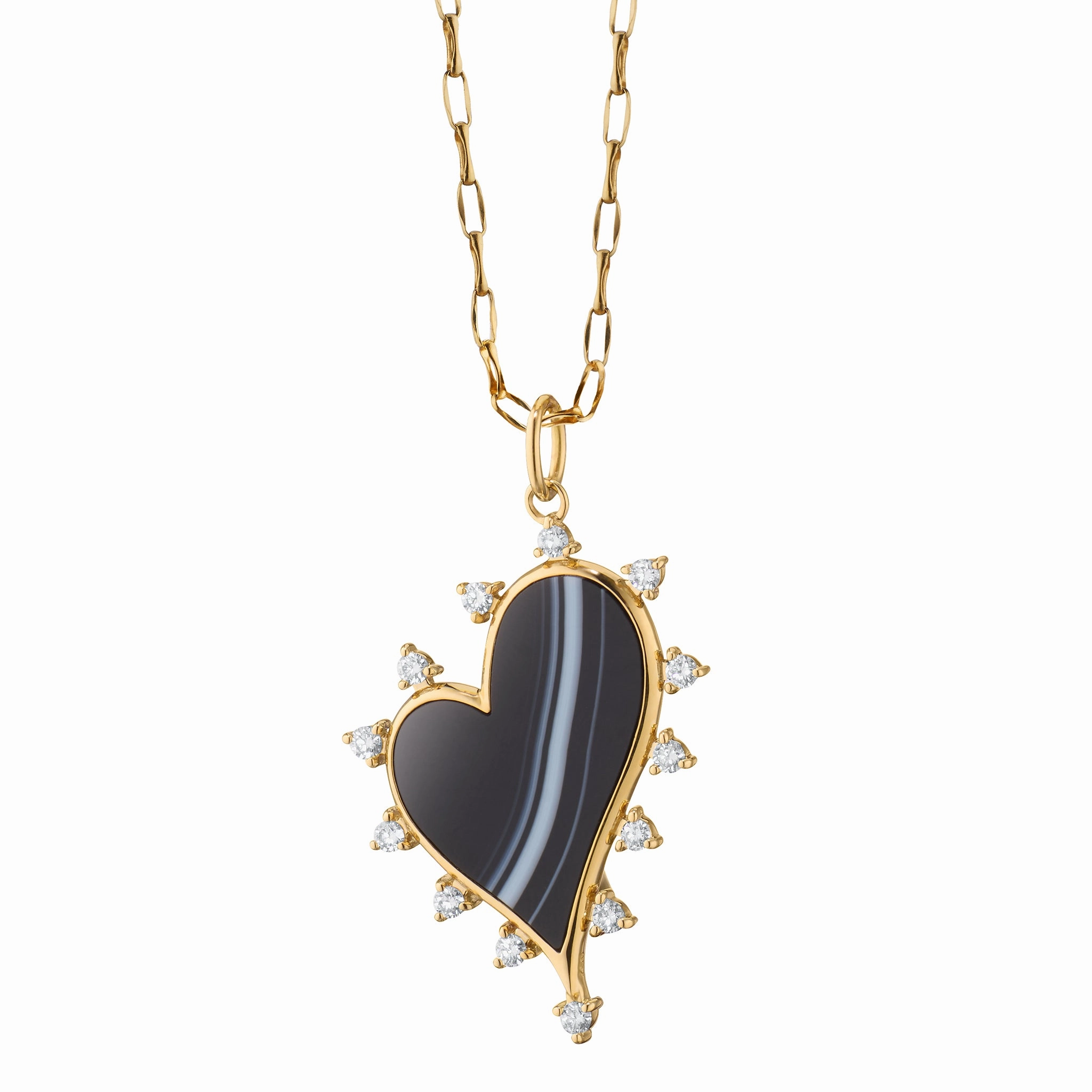 Large Black Agate Heart Necklace with Diamonds