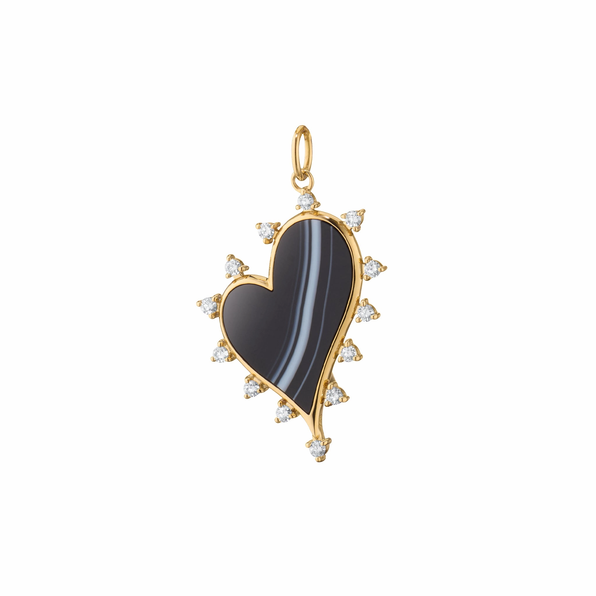 Large Black Agate Heart Necklace with Diamonds