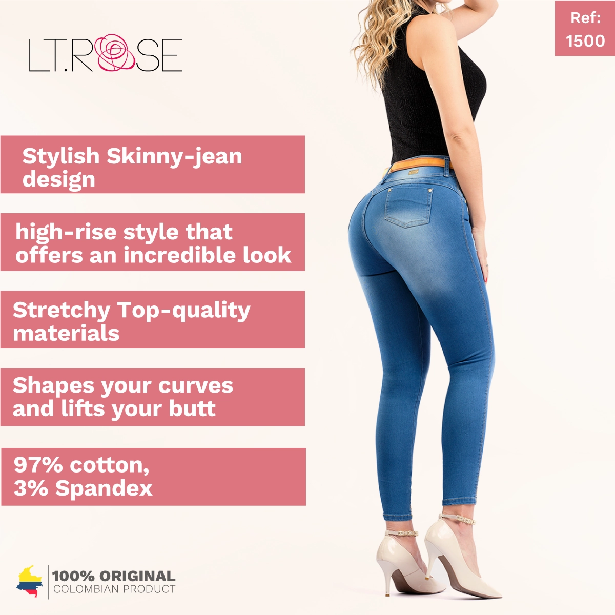 LT. Rose 1500 | Butt Lifting Skinny Ankle Ripped Embroidered Colombian Jeans for Women