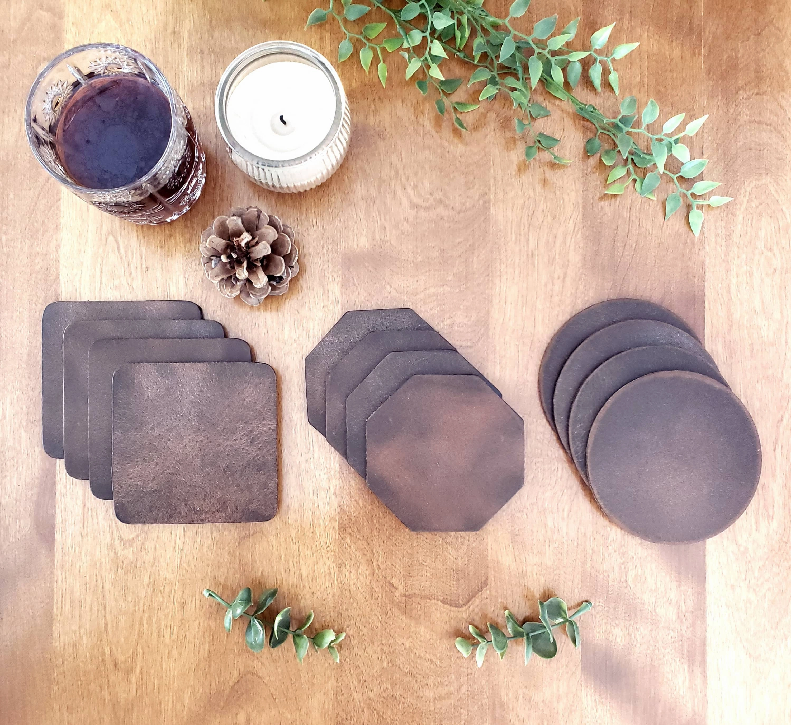 Octagon Coasters - Cognac Distressed Leather Coasters - Made in Canada