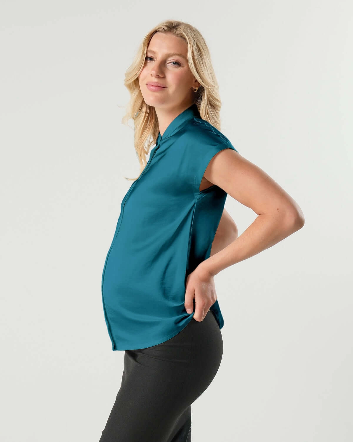 Short Sleeve Satin Maternity Shell Top with Concealed Nursing Zip