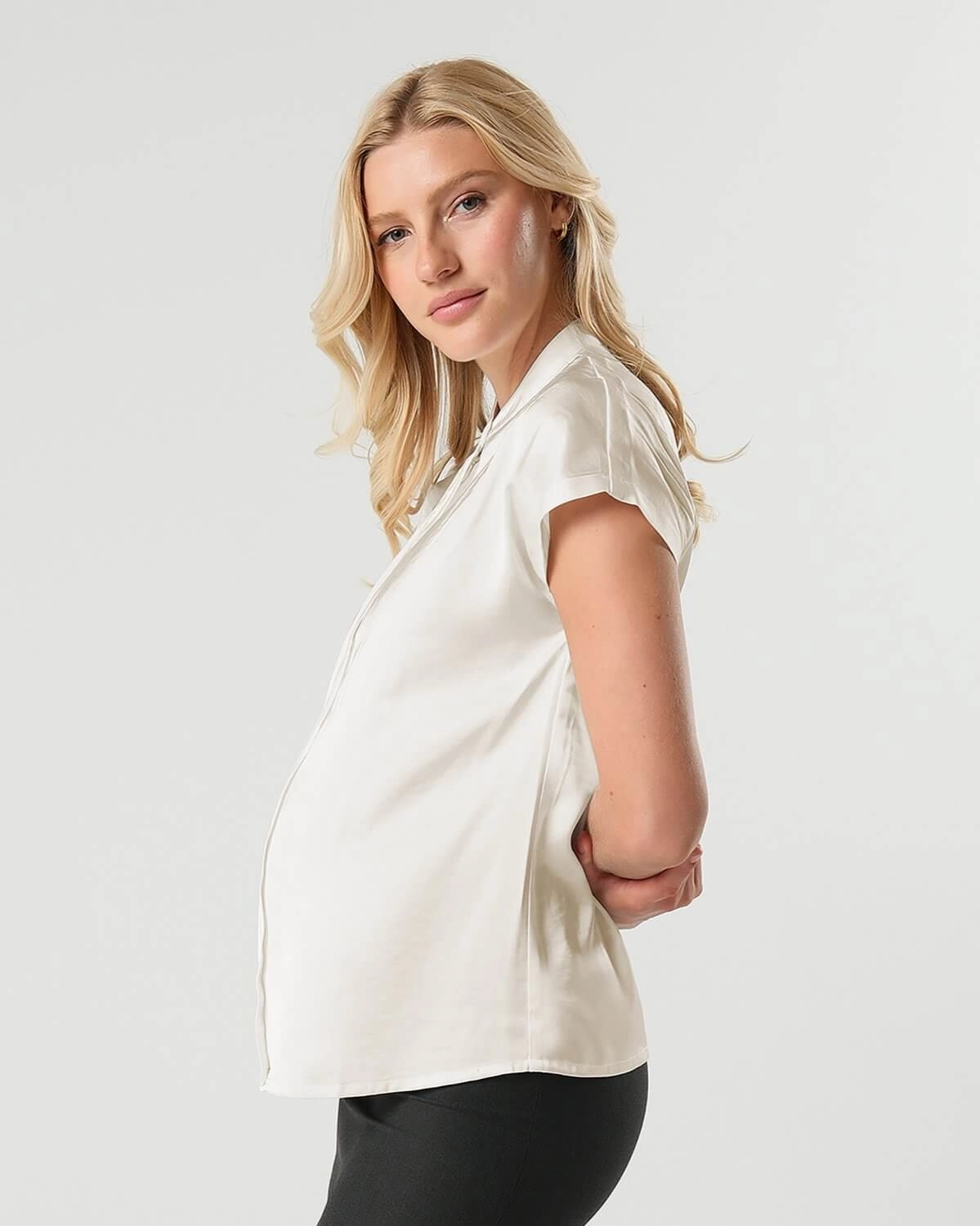 Short Sleeve Satin Maternity Shell Top with Concealed Nursing Zip